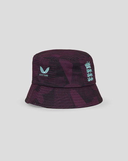 Purple camouflage England cricket bucket hat showing teal Castore logo on the side and Three Lions crest on the front