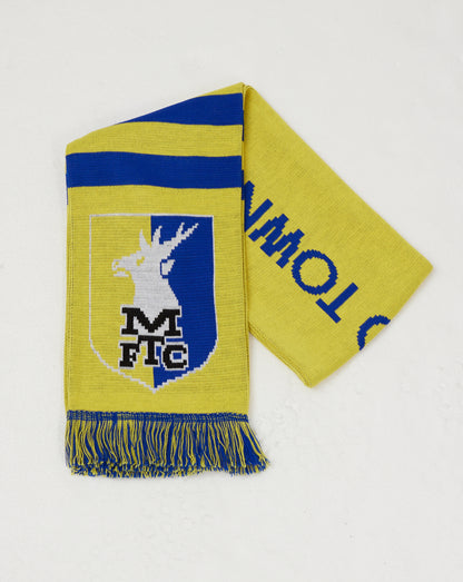 Close up of Mansfield Town fan scarf in yellow with blue stripes and club crest