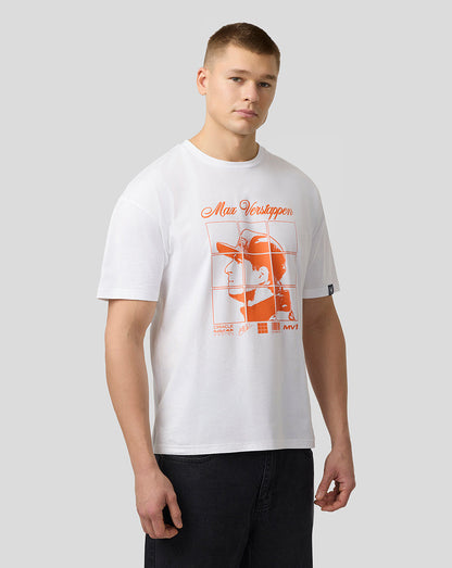 Male model wearing a white Oracle Red Bull Racing Max Verstappen puzzle T shirt with orange front graphic