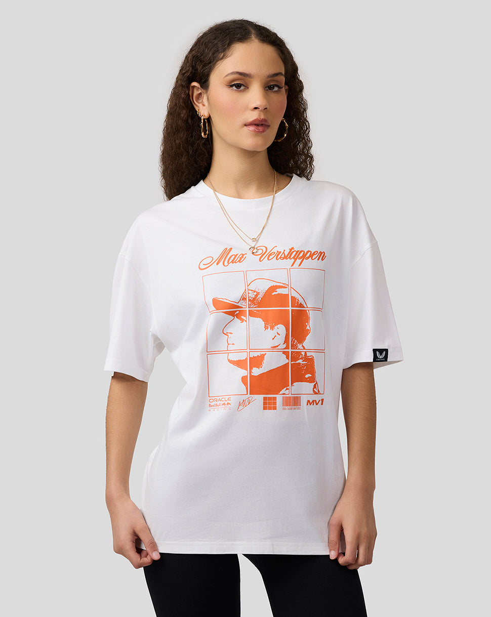Model wearing a white Oracle Red Bull Racing Max Verstappen puzzle T shirt with orange graphic on front