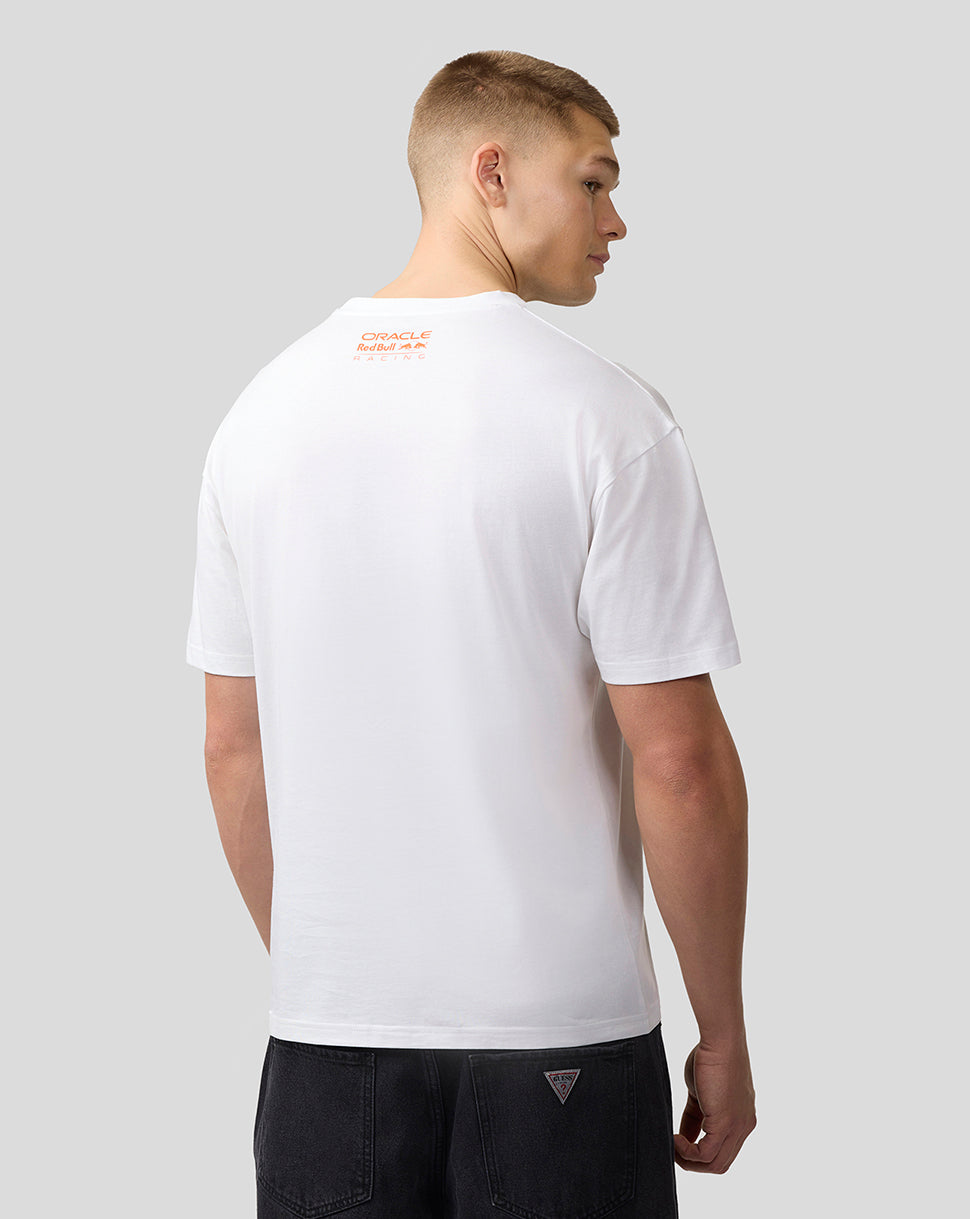 Back view of white Oracle Red Bull Racing T shirt with small orange logo on upper back