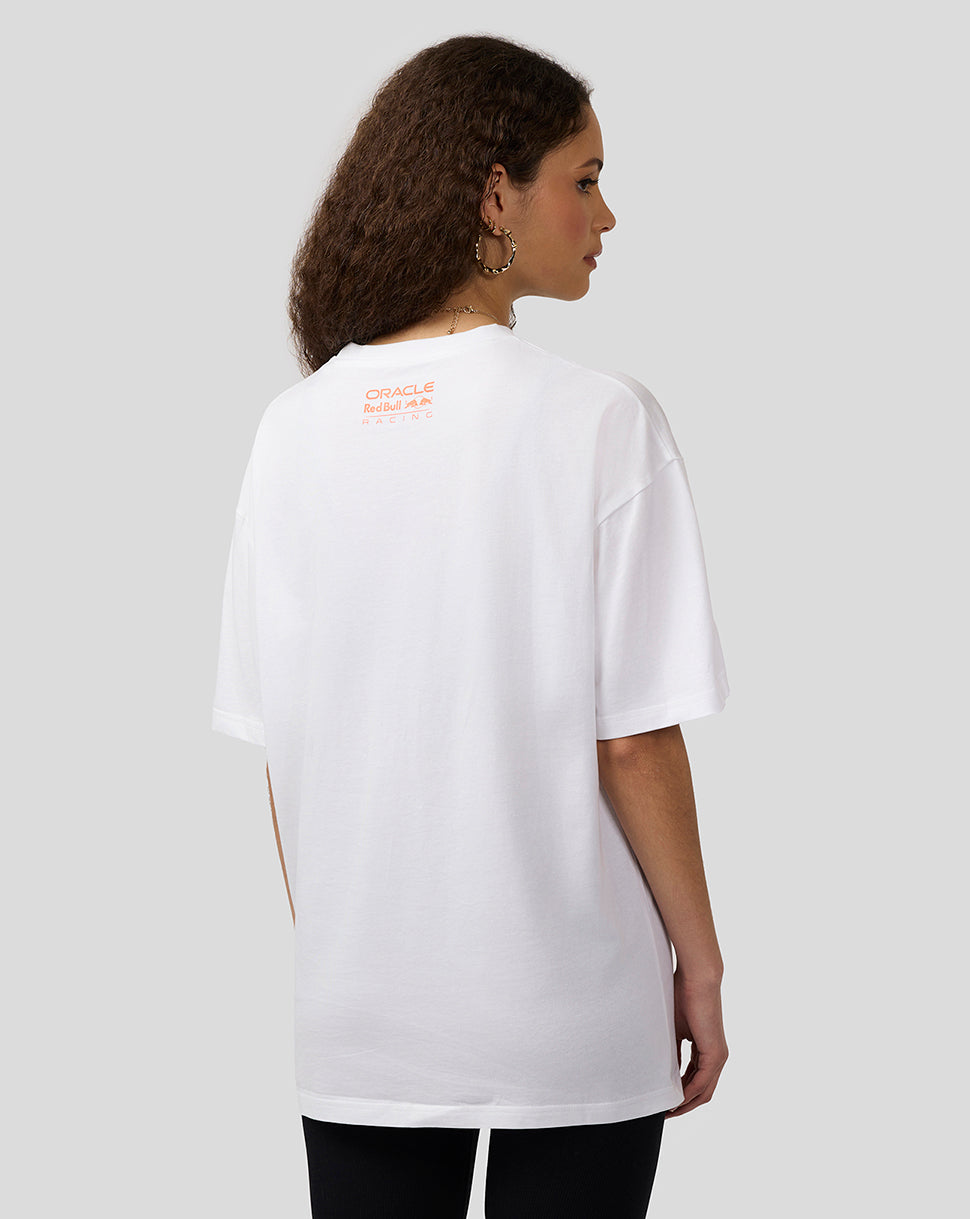 Back view of a white Oracle Red Bull Racing Max Verstappen puzzle T shirt with small orange graphic at the neckline