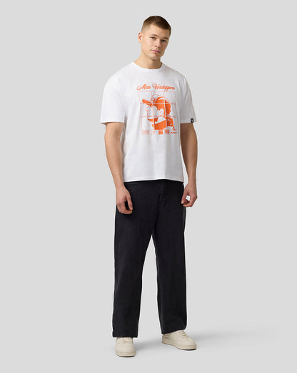 White Oracle Red Bull Racing T shirt with a large orange Max Verstappen graphic on the front