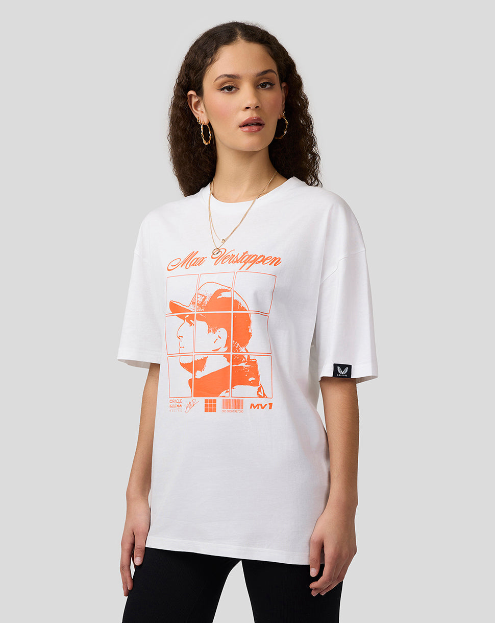Front view of white oversized Oracle Red Bull Racing T shirt with orange Max Verstappen graphic