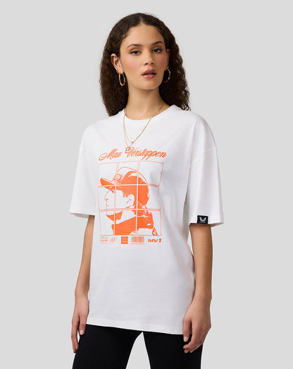 Front view of white oversized Oracle Red Bull Racing T shirt with orange Max Verstappen graphic