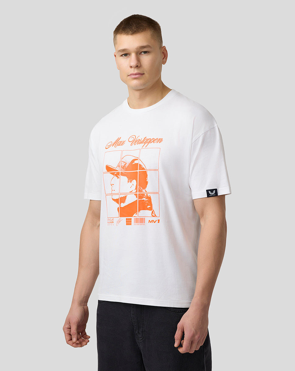 Front view of white Max Verstappen puzzle T shirt with orange grid graphic on chest