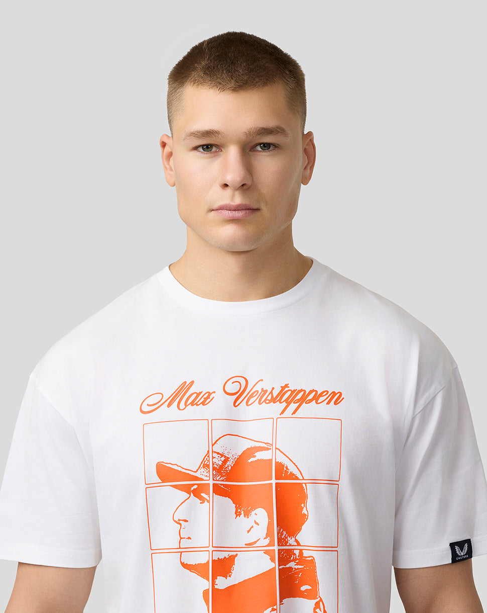 Male model wearing white Max Verstappen puzzle T shirt with orange front graphic.