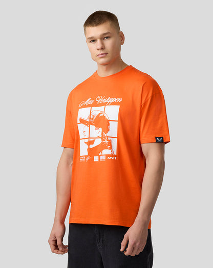 Exotic Orange Oracle Red Bull Racing T shirt with a large white Max Verstappen graphic on a male model