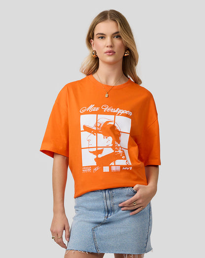 Exotic Orange oversized Oracle Red Bull Racing T shirt with a white Max Verstappen graphic worn by a female model