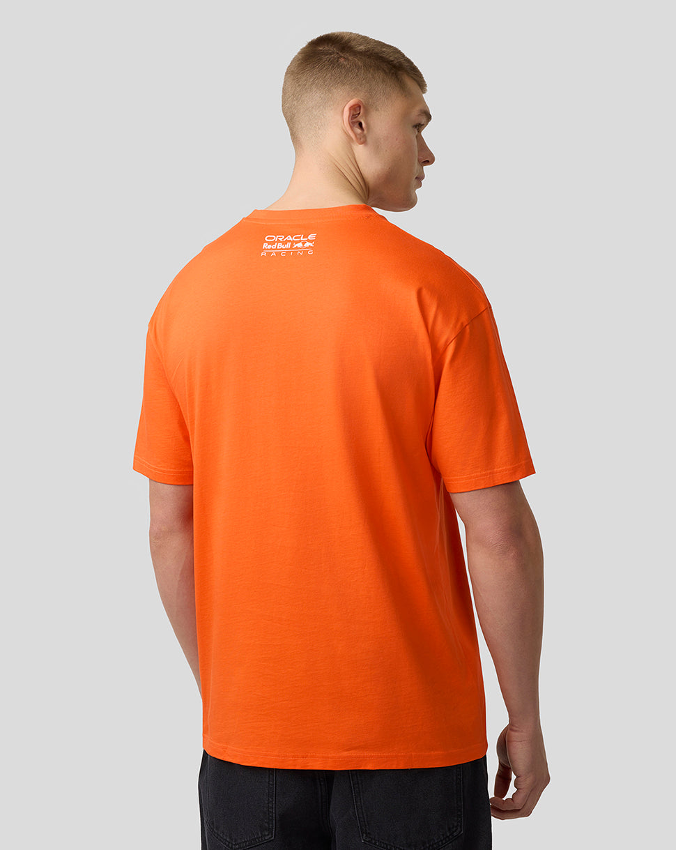 Back view of an oversized Exotic Orange Oracle Red Bull Racing T shirt with a small white logo on the upper back
