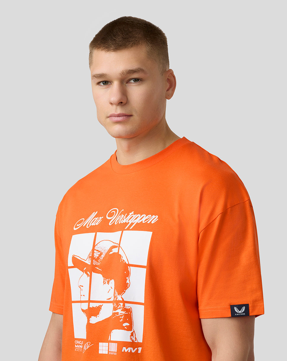 Close-up of a male model wearing the Exotic Orange Oracle Red Bull Racing T-shirt with a Verstappen graphic