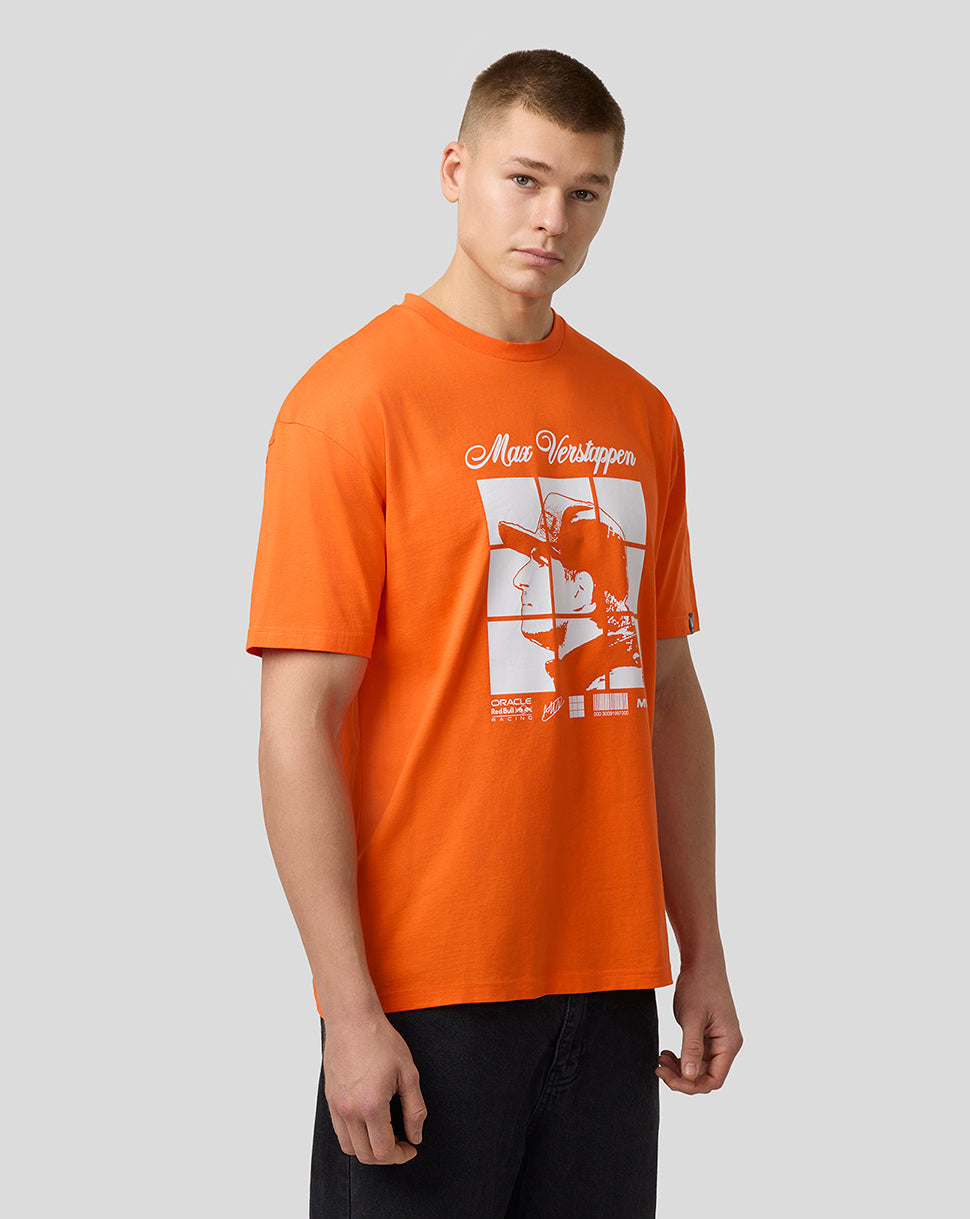 Unisex Oracle Red Bull Racing T-shirt in Exotic Orange with a large Max Verstappen graphic on the front