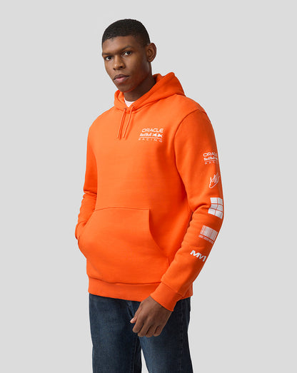 Front view of a person in an orange Verstappen hoodie with chest logo and front kangaroo pocket