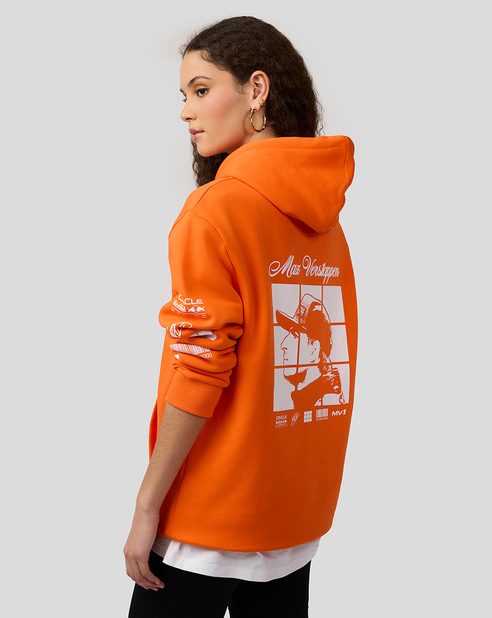 Side view of a model in an orange Max Verstappen hoodie, highlighting the back graphic and sleeve logos