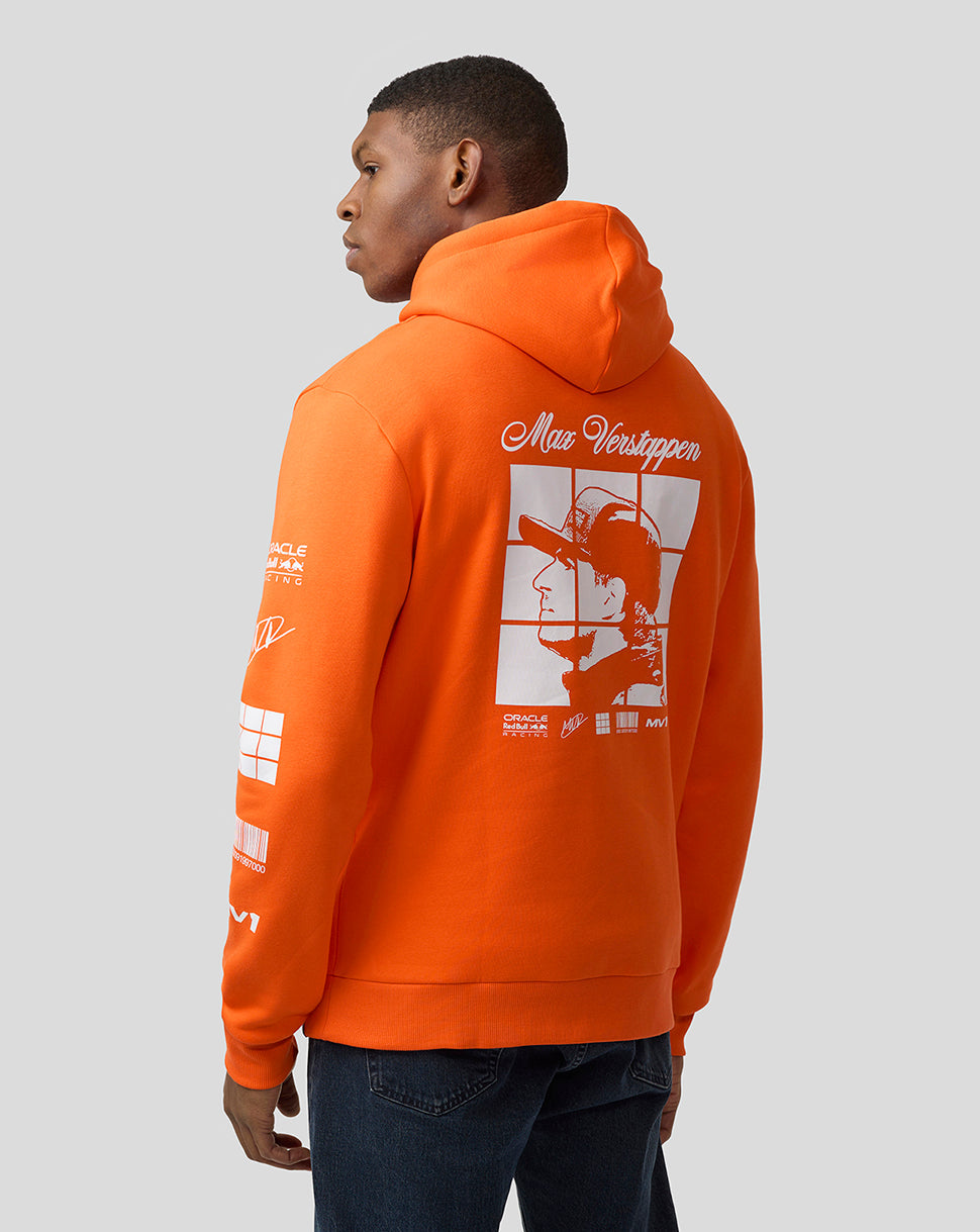 Back view of a man wearing an orange Oracle Red Bull Racing hoodie with a Max Verstappen graphic on the back