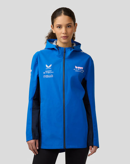 Front view of lapis blue BWT Alpine water resistant jacket with hood, center zip and sponsor logos on the chest.