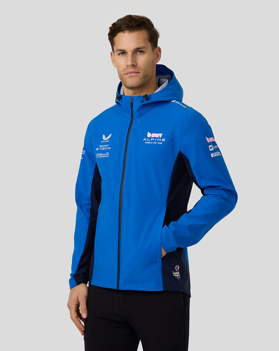 Lapis blue water resistant jacket with hood from the BWT Alpine replica collection featuring sponsor logos