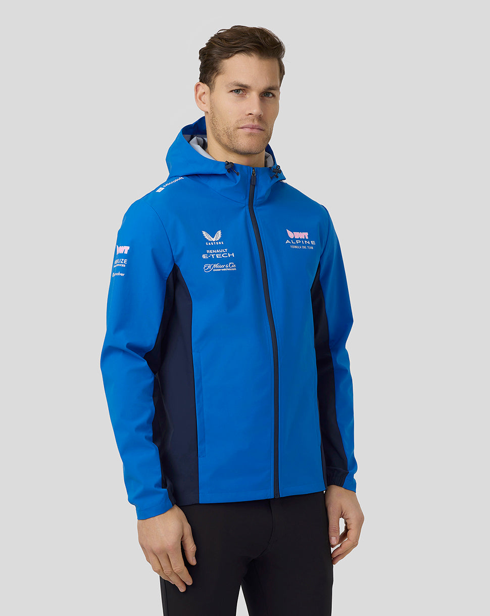 Male model in lapis blue BWT Alpine water resistant jacket with hood and center zip, shown in three-quarter view