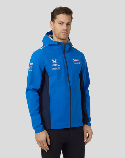 Male model in lapis blue BWT Alpine water resistant jacket with hood and center zip, shown in three-quarter view