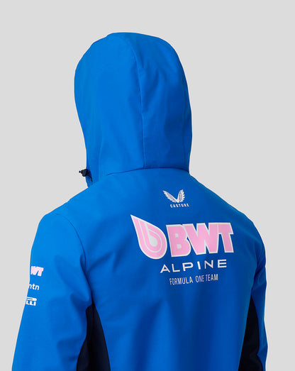 Back view of blue BWT Alpine jacket with hood and large logo on the back.