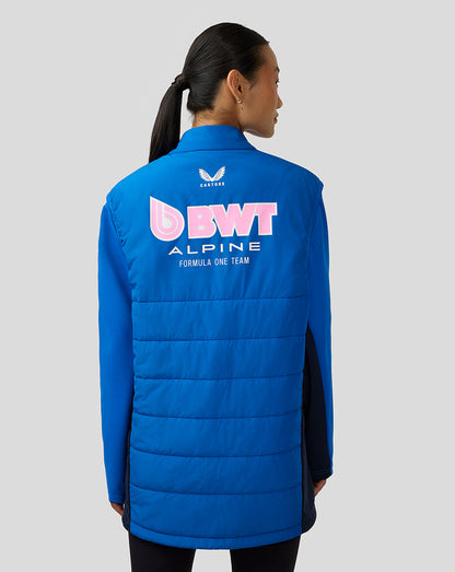 Back three-quarter view of the blue Alpine gilet with navy side panels and large BWT Alpine logo on the upper back.