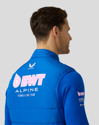 Back view of lapis blue Alpine Formula One Team gilet with large BWT Alpine branding on the back.