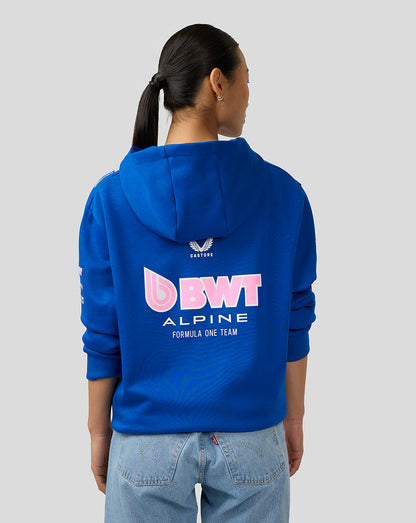 Back view of lapis blue unisex pullover hoodie with a large pink BWT Alpine logo on the back