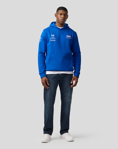 Male model wearing a royal blue BWT Alpine unisex pullover hoodie with white team logos on the chest and sleeve
