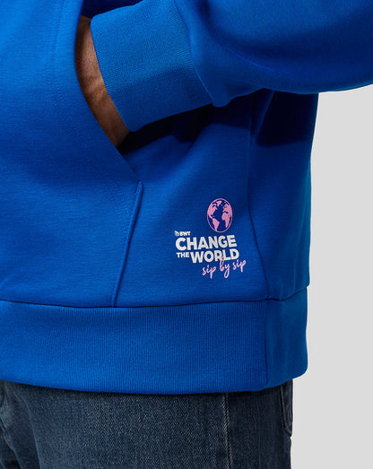 Close up of the blue hoodie pocket with a Change the World graphic and logos