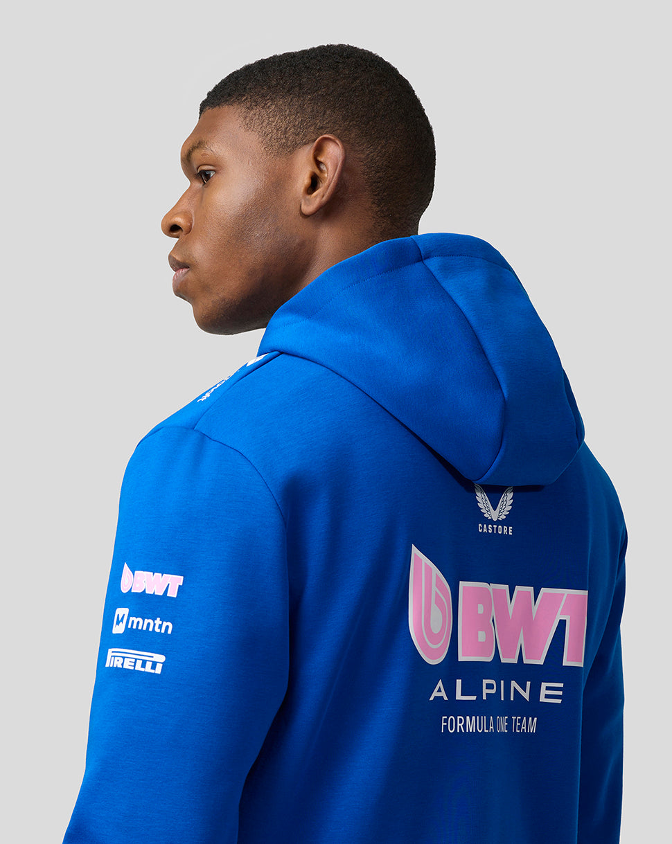 Back view of lapis blue BWT Alpine hoodie with large pink BWT logo and Alpine branding.