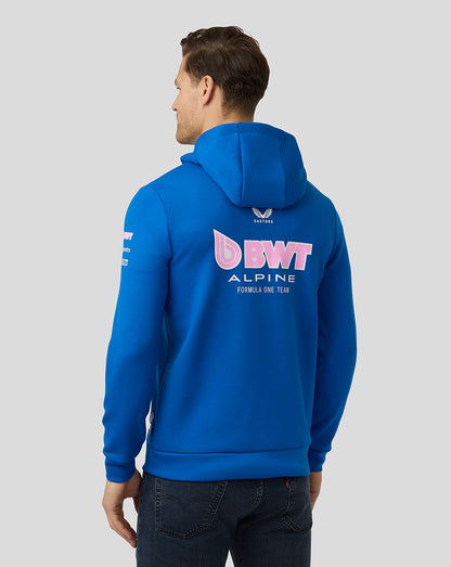 Back view of blue BWT Alpine hoodie with a large pink BWT logo on the back