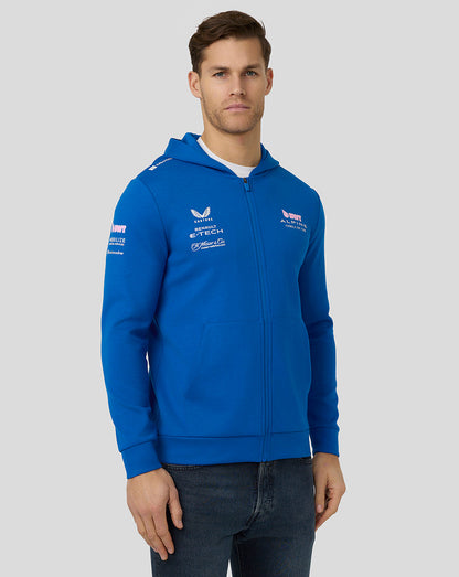 Male model in lapis blue BWT Alpine Formula One Team replica full zip hoodie with front pockets and branding