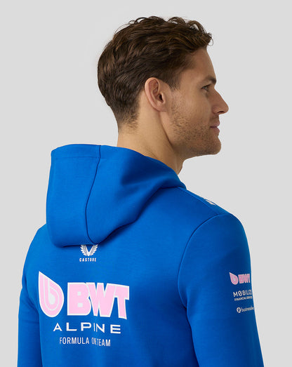 Back view of lapis blue BWT Alpine full zip hoodie with large BWT Alpine logo across the back