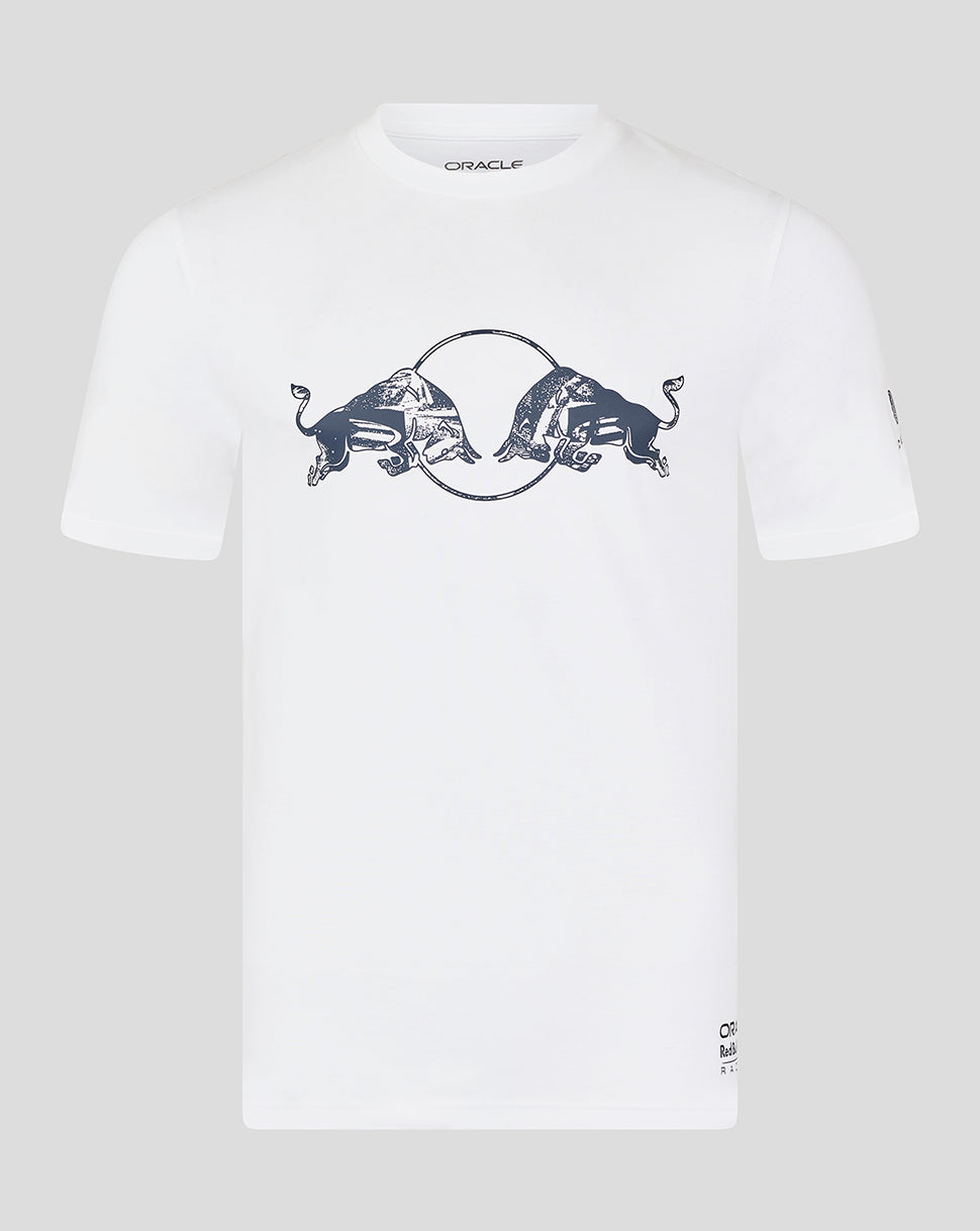 Front view of white Oracle Red Bull Racing graphic T-shirt with a dark bull design across the chest.