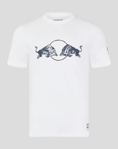 Front view of white Oracle Red Bull Racing graphic T-shirt with a dark bull design across the chest.