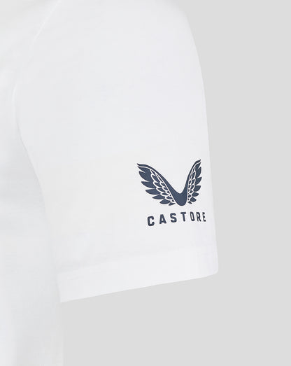White T shirt sleeve with dark blue Castore wing logo.