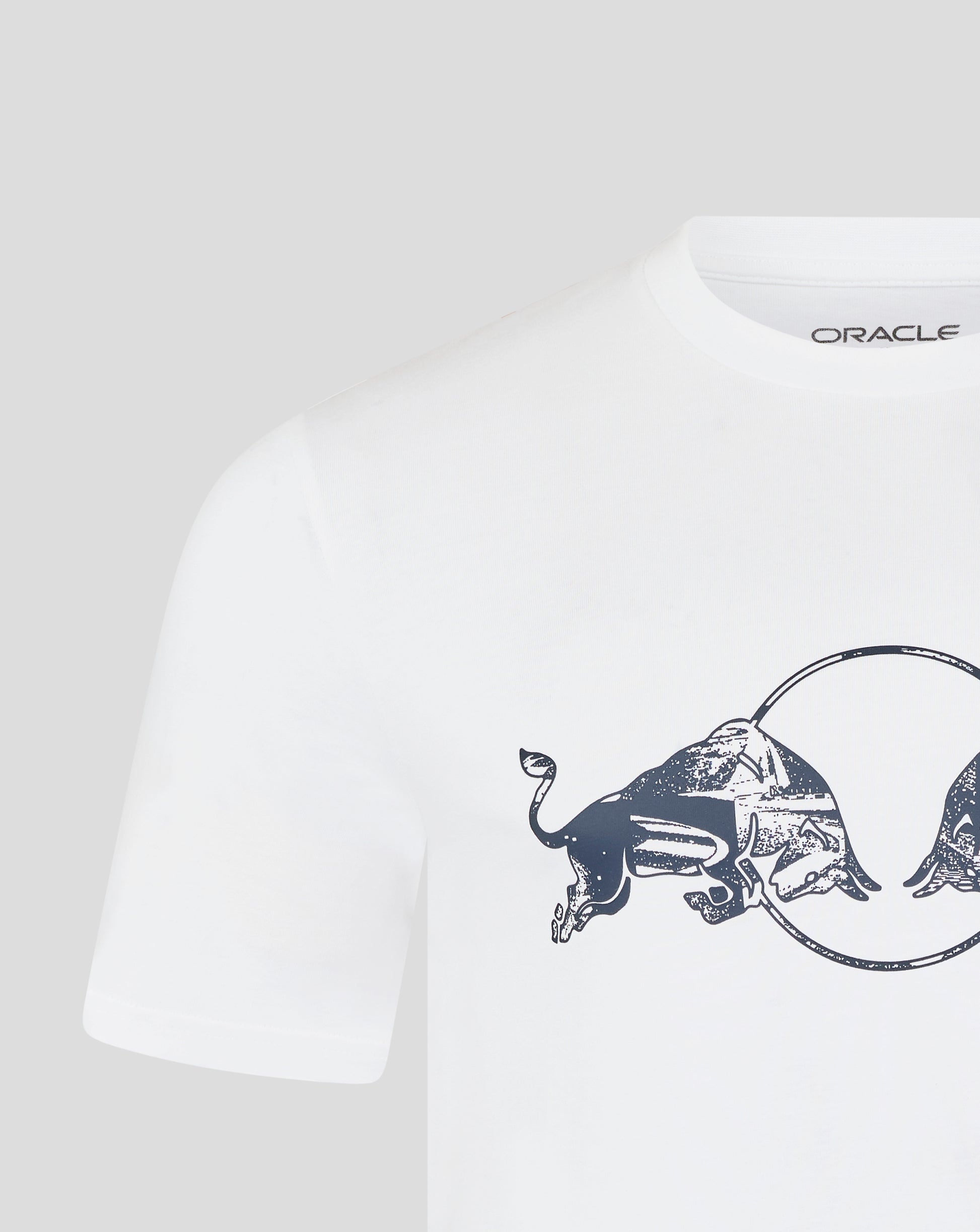 Brilliant white unisex T shirt with a bold front graphic of a bull and Oracle branding at the neckline