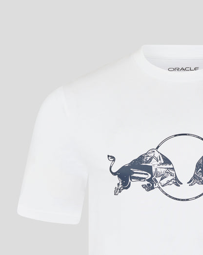 Brilliant white unisex T shirt with a bold front graphic of a bull and Oracle branding at the neckline