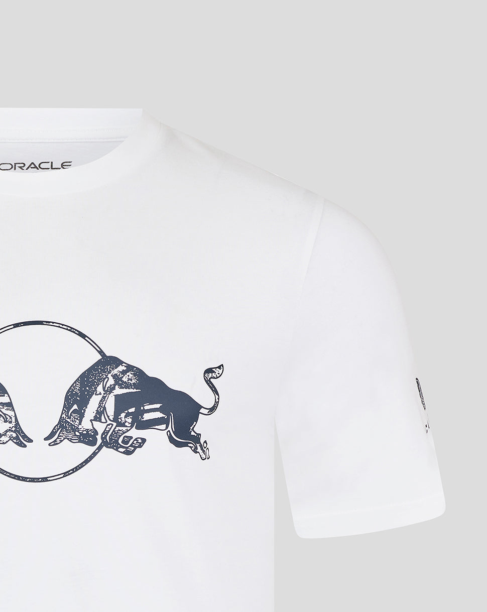 Brilliant white unisex T-shirt featuring a navy graphic of two charging bulls around a circle on the chest