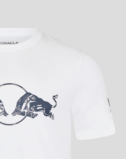 Brilliant white unisex T-shirt featuring a navy graphic of two charging bulls around a circle on the chest