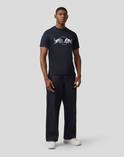 Model wearing a Night Sky navy Oracle Red Bull Racing T shirt with the white bull graphic across the chest.