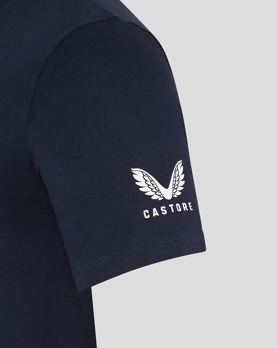 Close up of navy T shirt sleeve with white wing logo and CASTORE branding