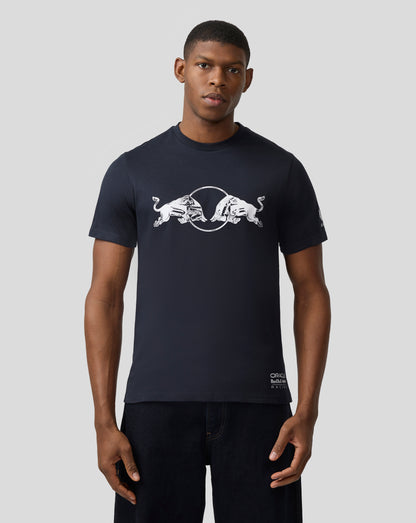 Male model wearing navy Night Sky Oracle Red Bull Racing graphic bull T shirt with a white bull logo across the chest.