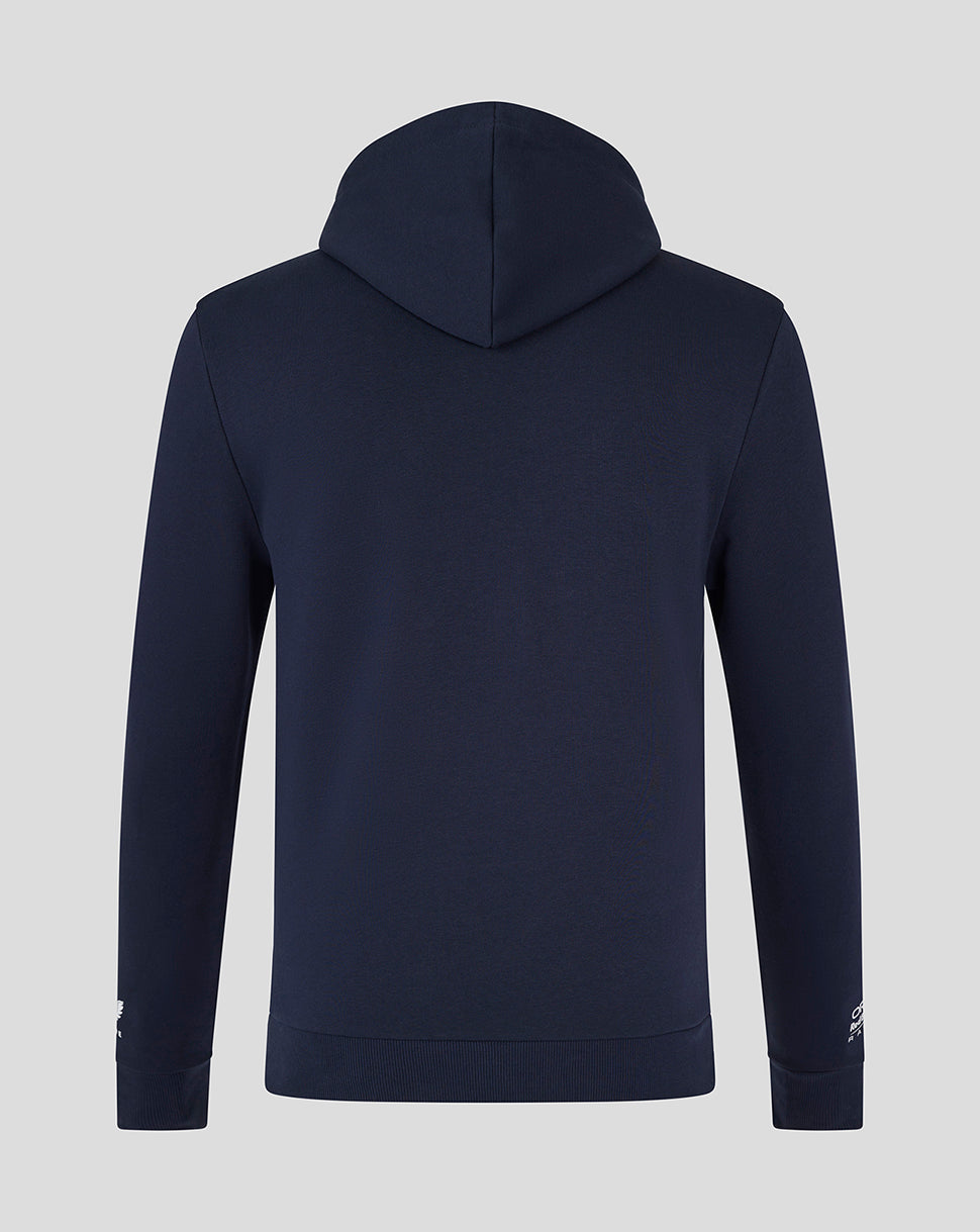 Back view of navy Oracle Red Bull Racing unisex graphic bull hoodie with hood