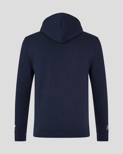 Back view of navy Oracle Red Bull Racing unisex graphic bull hoodie with hood