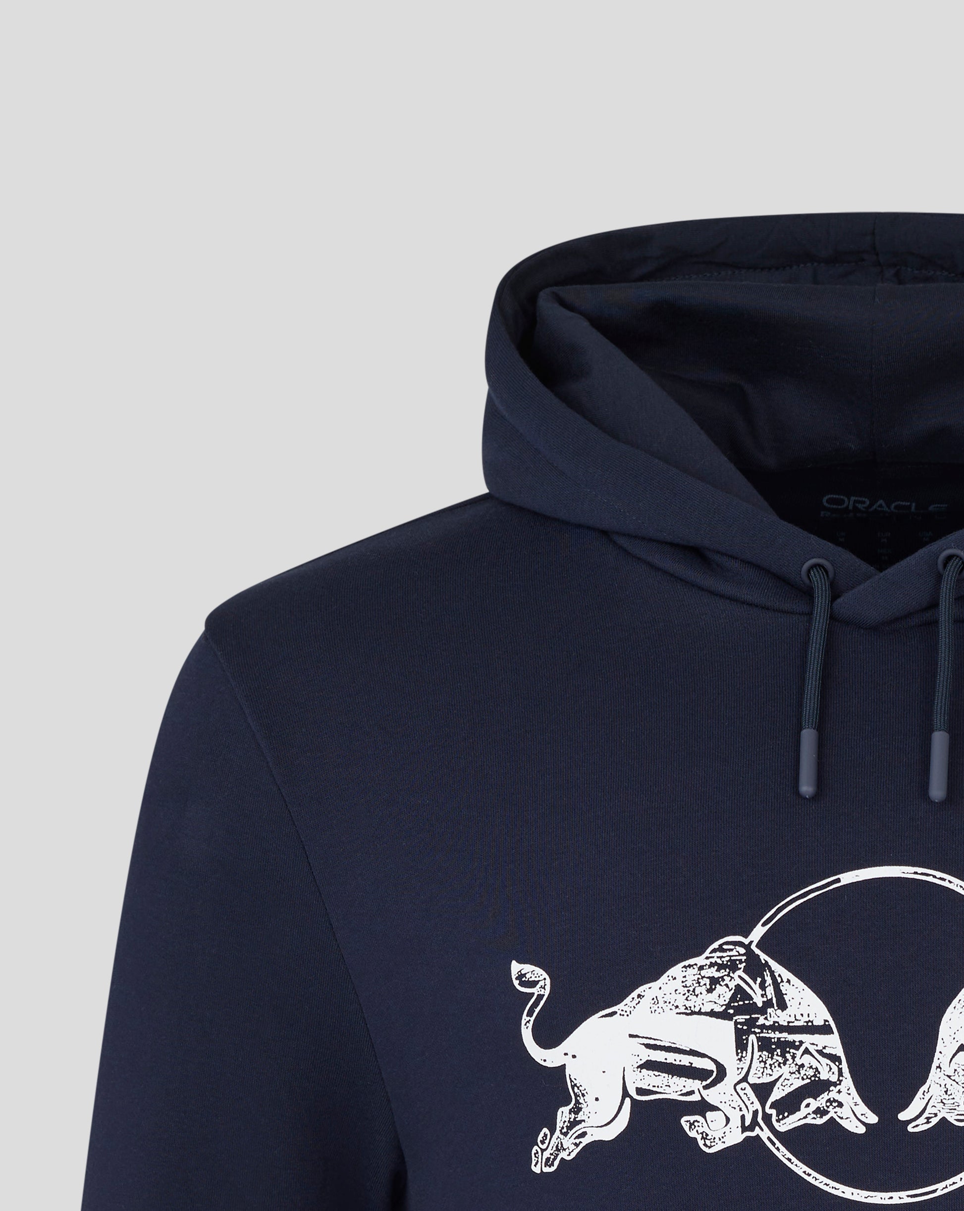 Navy night sky hoodie close up of hood with drawstrings and partial white bull graphic