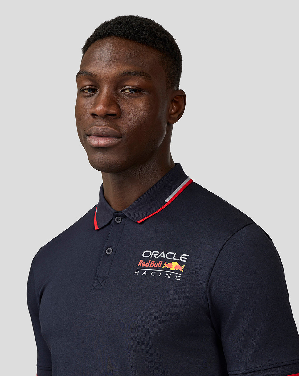 Navy Oracle Red Bull Racing Core Polo with chest logo, red tipping at collar and two-button placket