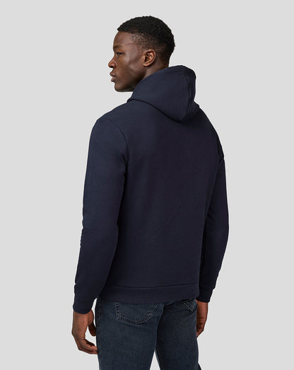 Rear view of a navy Night Sky hoodie worn by a model, showing plain back and attached hood