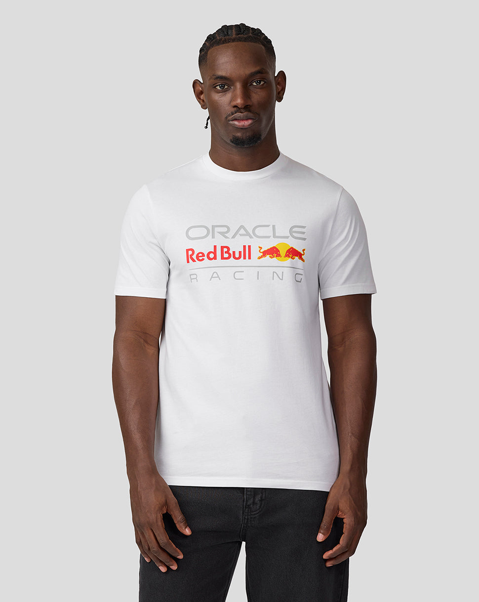 Model wearing Brilliant White Oracle Red Bull Racing T shirt with large front logo graphic