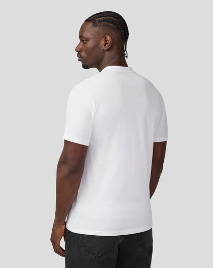 Back view of a white Oracle Red Bull Racing T-shirt on a male model.